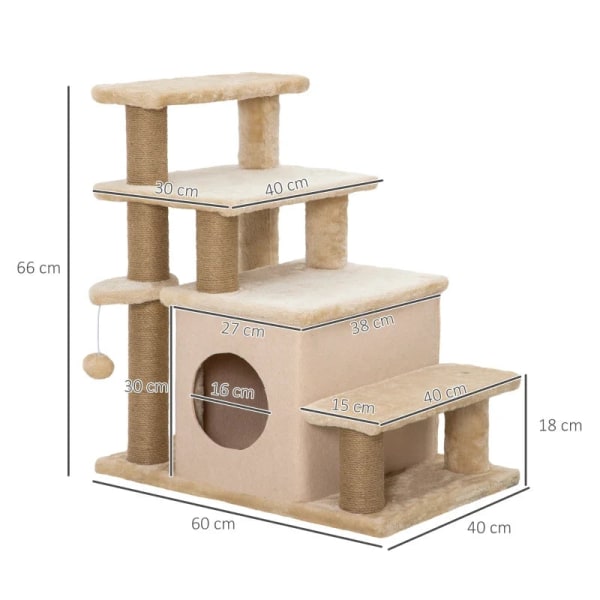 Rootz Pet Stairs - Raaputustolppa - 4 askelmaa - Play Ball House - Korkeussäädettävä - Lastulevy - Pehmo - Huopakangas - Beige - 60 X 40 X 66 cm