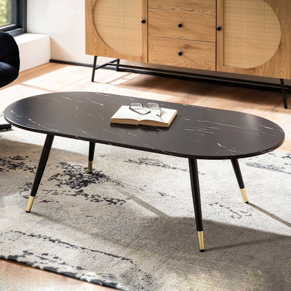 Rootz Ovalt soffbord - Modernt vardagsrumsbord - Bord i marmorlook - Säkra metallben - 120 cm x 60 cm x 41,5 cm - Elegant design i svart och guld