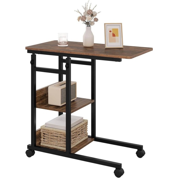 Rootz Justerbart C-formet sidebord - Mobilt endebord - Rullesofabord - Højdejusterbart - Pladsbesparende - Nem mobilitet - Vintage Wood Look + Sort -