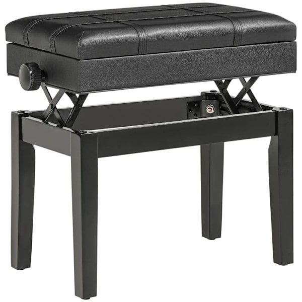 Rootz klaverbænk - Elegant design - Skjult - Sortmalet træ - Opbevaringsskammel - Justerbar sædehøjde - Kunstlæder - Sort - 63L x 35W x 46-56H cm