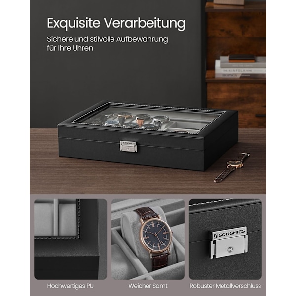 Rootz Watch Box - Organizer-fodral - Smyckeshållare - MDF Velvet PU-glas - 29cm x 39cm x 8cm