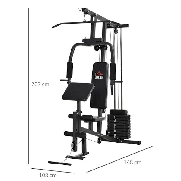 Rootz Gym Multigym - Fitnessstation - Multigym - Fitnesscenter - Träningsutrustning inklusive vikter med rullstoppning - Svart - 148 x 108 x 207 cm