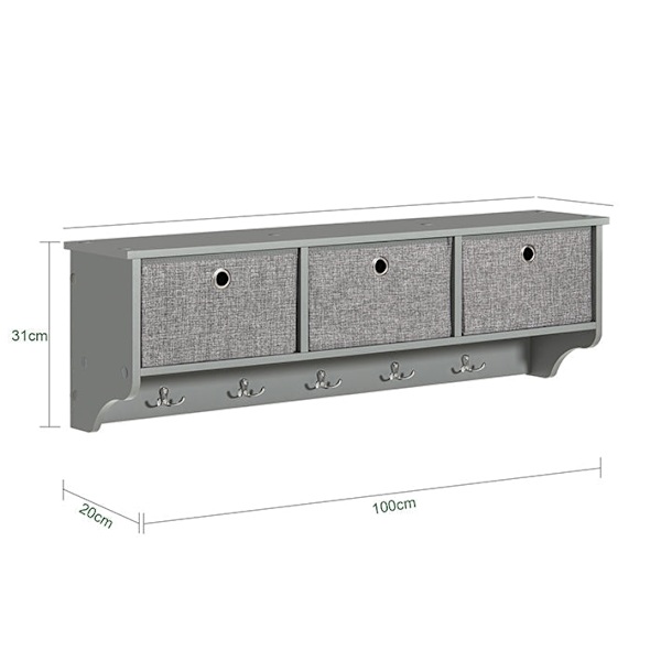 Rootz väggklädhängare med förvaring - Klädkrok - Hallarrangör - Inkluderar 3 vikbara fleeceboxar - 5 metallkrokar - Enkel montering - 100 cm x 31 cm x