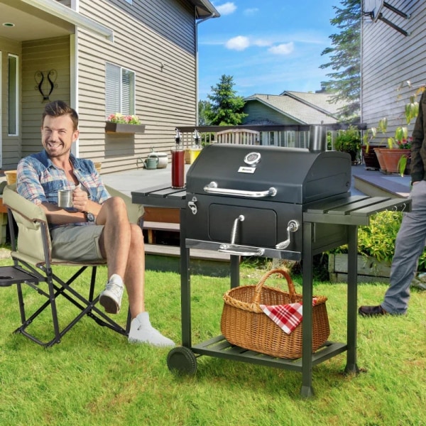 Rootz Kolgrill - Termometer Flasköppnare - BBQ Grill Smoker - Praktisk handvev - Värmställ - Galvaniserat stål-rostfritt stål - Svart - 120L x 64W x 1