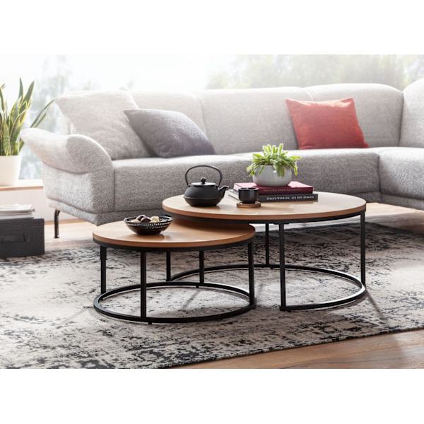 Rootz sofabord sæt af 2 træ - metal sofabord rund eg moderne - Design sidebord 2-delt - Runde stueborde - Træbord indskudsborde