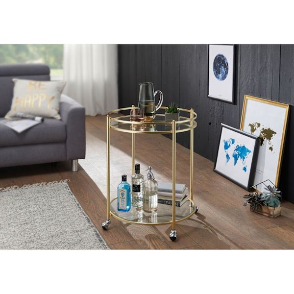 Rootz Sidobord - Sidobord på hjul - Köksvagn - Serveringsvagn - Tevagn - Ø 57 cm - Guld - Glas