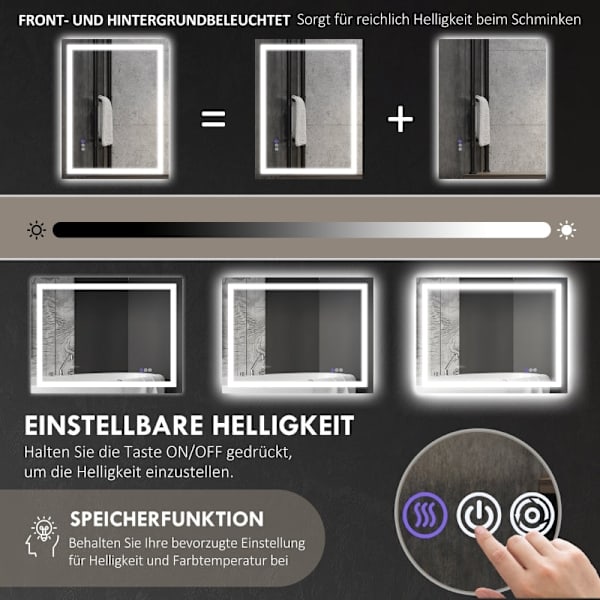 Rootz LED-badrumsspegel - Väggmonterad sminkspegel - Sminkspegel - Justerbar belysning - Anti-dimteknik - 80cm x 60cm x 4cm
