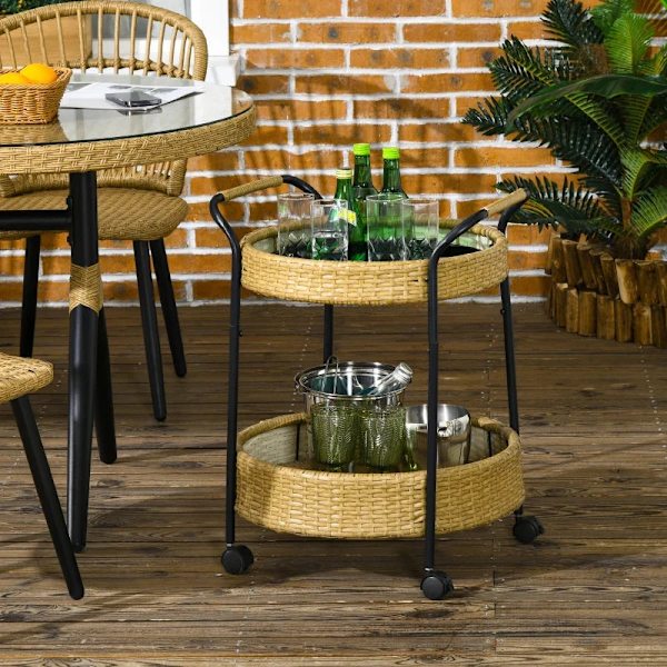 Rootz udendørs serveringsvogn - 2 niveaus bremser - polyrattan - metalramme - stål-PE rattan - gul-sort - Φ50 x 66H cm
