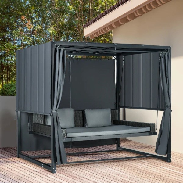 Rootz Outdoor PE-rottinkikeinusänky - Katos tyynyillä - Pergola Gazebo - Säänkestävä - Harmaa - 235cm x 180cm x 210cm