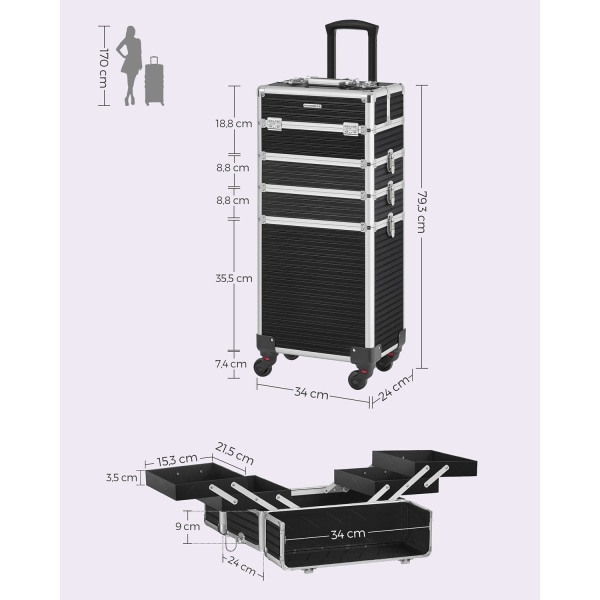 Rootz kosmetikafodral med hjul - Makeup Organizer - Skönhetsfodral - Aluminiumram - MDF - ABS-plast - 34cm x 24cm x 79,3cm - Svart