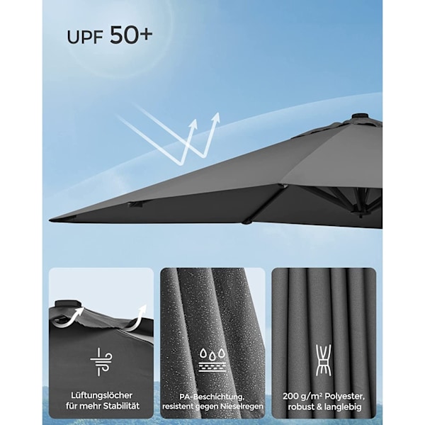Rootz Parasol Cantilever paraply - Grå solskærm - Udendørs baldakin - 360° rotation - 4 vinkler justering - UPF 50+ - Vandafvisende - 200g/m² polyeste