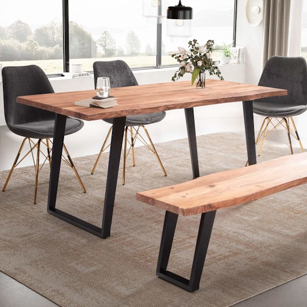 Matbord i massivt trä Rootz - Farmhouse-bord - Live Edge-bord - Acacia-trä - U-formade metallben - 200cm x 100cm x 76cm