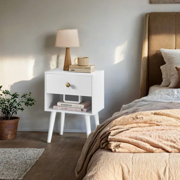 Rootz Bedside Table - Side Bord - Natbord med skuffe - Træben - Rumbesparende - 28 x 39 x 55 cm