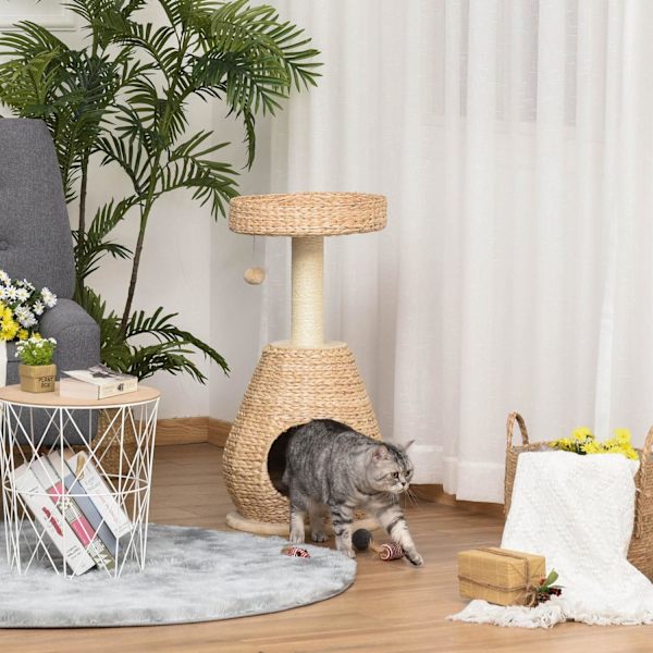 Nancy's Agen Point Cat Tree Krabpaal met Kattengrot - Geel - Gefabriceerd Hout, Pluche, Sisal - 15,74 cm x 15,74 cm x 32,48 cm
