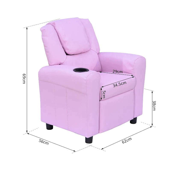 Rootz Barnfåtölj - Minifåtölj - Barnsoffa - Liggfåtölj - Liggfunktion - Inbyggd mugghållare - Rosa - 62 x 52 x 69 cm