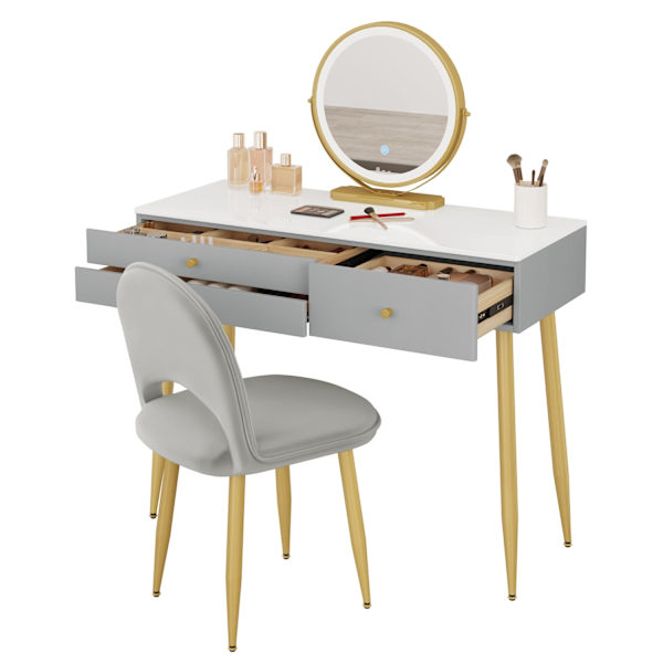 Rootz justerbart toalettbord med LED-spegel och sammetspall - Sminkbord - Justerbar belysning, gott om förvaring, ergonomisk design - 100 cm x 122 cm
