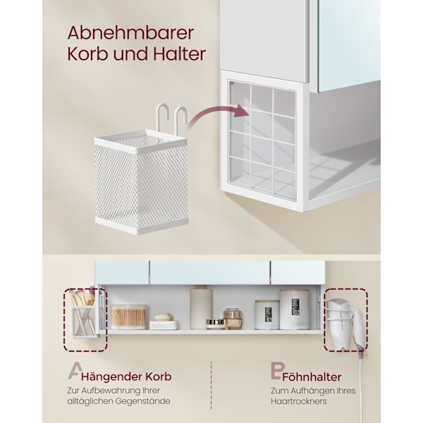 Rootz Badeværelsesskab - Opbevaringsenhed - Organizer - Spånplade - MDF - Metal - Glasspejl - 16,5 cm x 70 cm x 75 cm - Cloud White - 20 kg Kapacitet