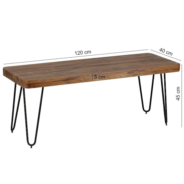 Rootz spisestuebænk massivt træ Sheesham 120 x 45 x 40 cm træbænk naturprodukt Køkkenbænk i landlig stil