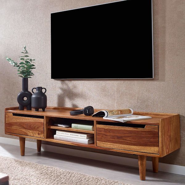 Rootz lowboard massivt sheesham træ 145x43x35 cm TV kommode med to døre - Design TV skab høj - TV stativ TV skab moderne - TV kommode stue