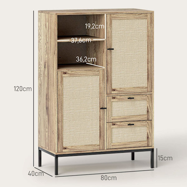 Rootz -säilytyskaappi - joustavat rintakehät - laatikot - säädettävät hyllyt - rottinki -ovet - helppo puhdistus - 80w x 40d x 120h cm