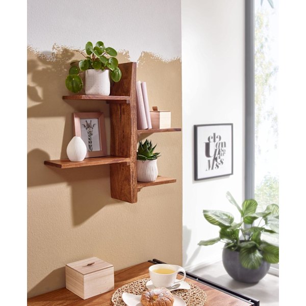 Rootz vägghylla 58x60x15 cm massiv sheesham trä trädform hängande hylla modern - Stor design flytande hylla - Hylla Hängande Vardagsrum - Bokhylla Väg