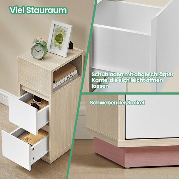 Rootz Bedside Bord - Smal sidebord - 2 skuffe natbord - Rumbesparende design - 30,1 cm x 25,1 cm x 65,1 cm