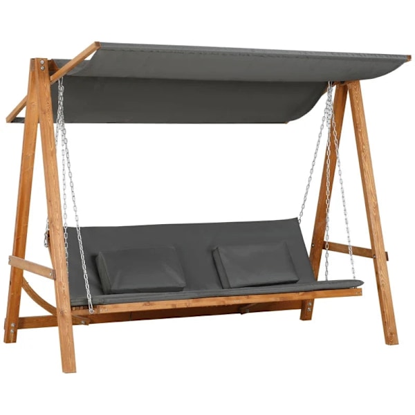 Rootz Hollywood Gynge Med Sengefunktion - 3-personers Havegynge Med Tag - Hollywood liggestol - Haveseng - Fyrretræ - Polyester - Grå + Teak - 225,5 x