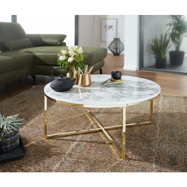 Rootz soffbord 80x36x80 cm med marmorlook vit - Vardagsbord med metallstomme - Soffbord runt bord vardagsrum - Sidobord