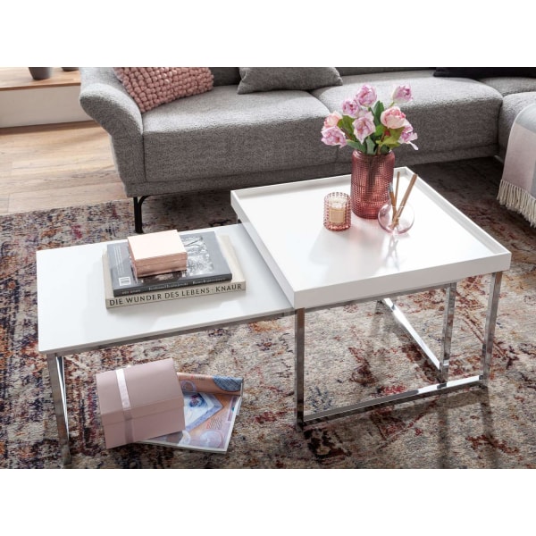 Rootz Set med 2 Trä - Metall Soffbord Fyrkantigt Vit Modernt - Sidobord 2-delat - Design vardagsrumsbord - Träbord häckningsbord