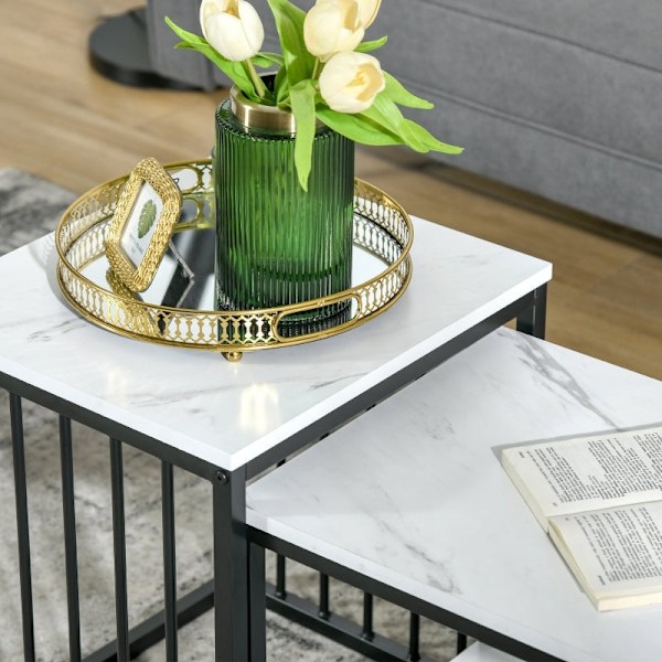 Rootz 2-delt marmor sofabordssæt - Moderne sideborde - Elegante sengeborde - Pladsbesparende design - 45x40x52cm & 60x39,5x45,5cm