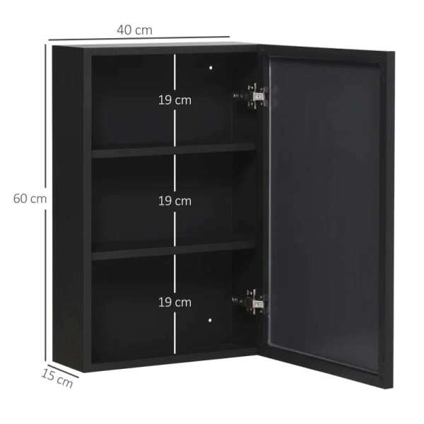 Rootz spejlskab - 3 hylder - Bløde hængsler - Stålhus - Rustfrit stål - Sort - 40 x 15 x 60 cm