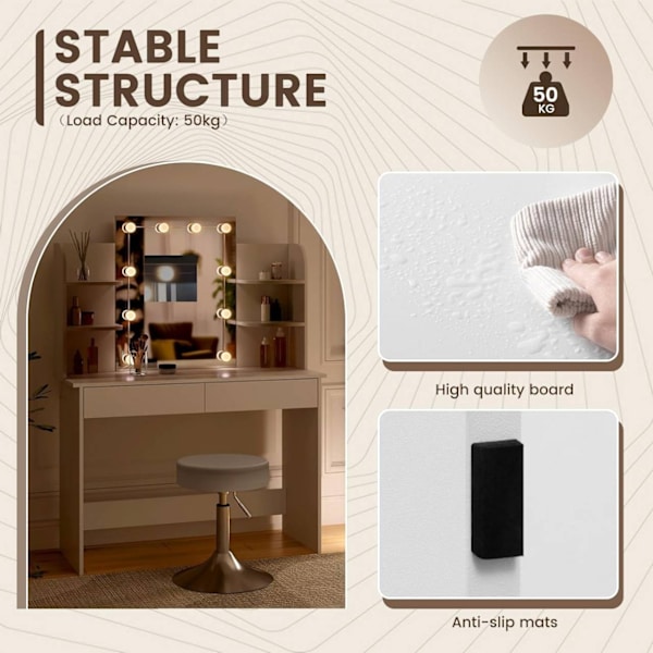 Rootz White Sminkbord med pall - Sminkbord - Skönhetsskrivbord - Justerbar LED-belysning - Gott om förvaring - Hållbar konstruktion - 108cm x 142cm x