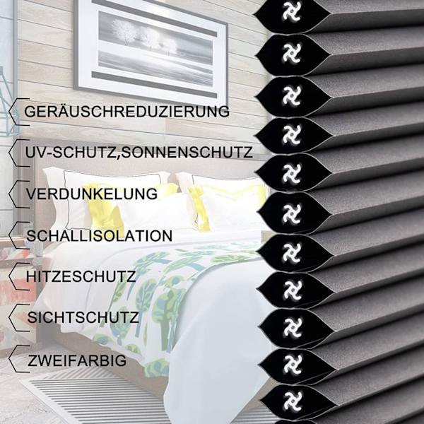 Rootz dubbelplisserad persienn - Aluminiumbelagd - Kedjefri drivning - Bullerreducering - 60-110 cm x 120/130 cm - Mörkgrå-Vit - Lätt att installera