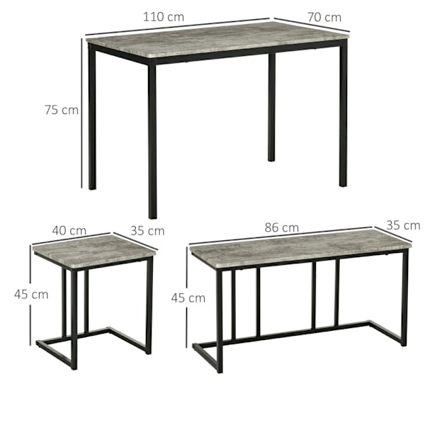 Rootz Compact Köksbordsset - Minimalistiskt matsalsset - Platssparande möbel - Metallstomme - 110x70x75cm Bord, 86x35x45cm Bänk, 40x35x45cm pallar