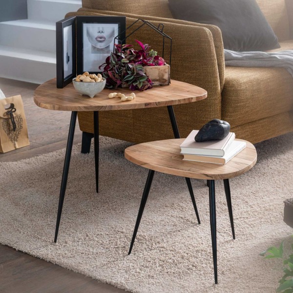 Rootz set med 2 häckbord akacia massivt trä - metall soffbord litet - Design sidobord set med två träbord Vardagsrumsbord bord metallram