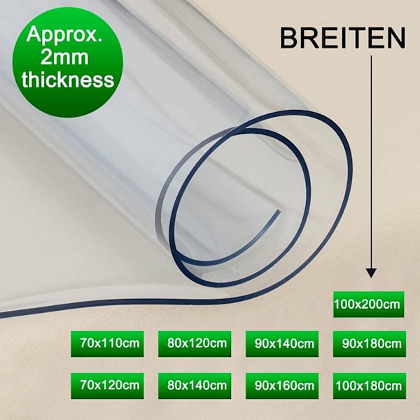 Rootz 2 mm tjock PVC-duk - Transparent bordsskydd - Vattentät och värmebeständig - Klar sikt - Lätt att rengöra - Flera storlekar - 80 cm x 200 cm