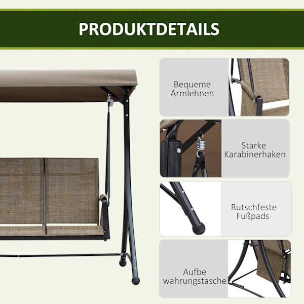 Rootz 3 -sits Swing Bench - Garden Swing - Patio Swing - Soltaket skydd - 196 cm x 128 cm x 172 cm