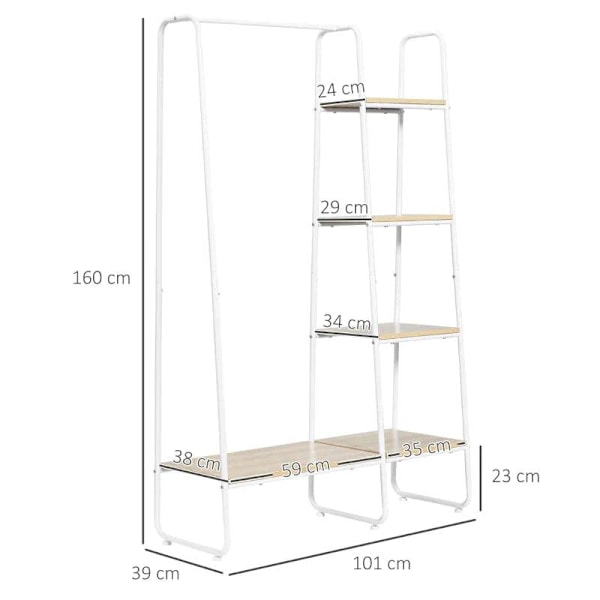 Rootz-vaateteline - Vaateteline - Takkiteline - 5 hyllyä - 1 vaatetanko - Natural + Valkoinen - 101 cm x 39 cm x 160 cm