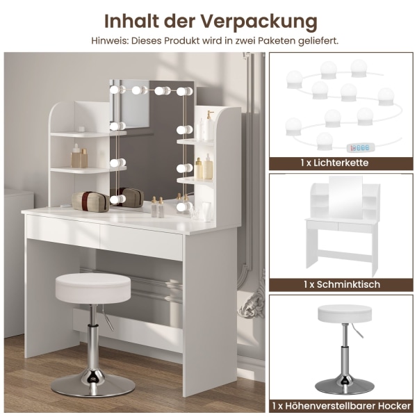 Rootz White Toiletbord med skammel - Makeup-vask - Skønhedsskrivebord - Justerbar LED-belysning - Rigelig opbevaring - Holdbar konstruktion - 108 cm x