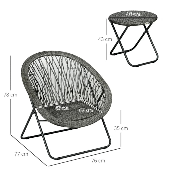 Rootz 3-delt Rattan Look Havemøbelsæt - 2 Stole - 1 Bord - Sammenklappelig - Syntetisk Rattan - Grå - 76W x 77D x 78H cm