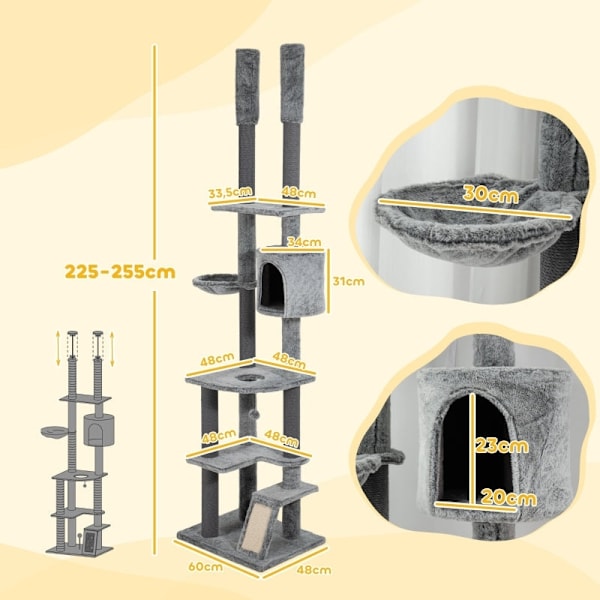 Rootz Cat Scratching Post Tree - Justerbara höjder - Mysiga hängmattor - Flera nivåer - Mjukt skydd - Rejäla stöd - Golv till tak - Grå - 60cm x 48cm