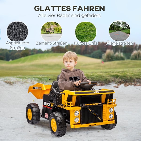 Rootz Electric Dump Truck Ride -On Car - Children’s Vehicle - Kids Tractor - Vipting Load Area - Lights & Music - 97 cm x 63 cm x 53 cm