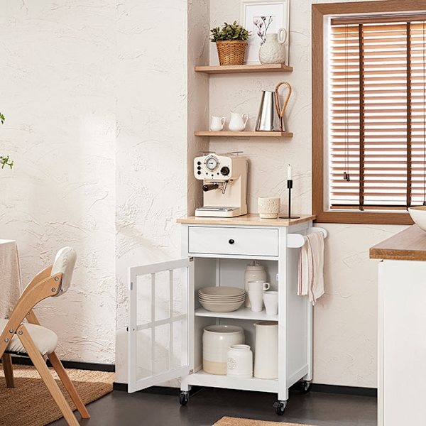 Rootz Køkkenvogn - Serveringsvogn - Sidevogn - Mobil opbevaringsenhed - Justerbar hylde - Håndklædestang - Nem mobilitet - 62 cm x 87,5 cm x 45,5 cm