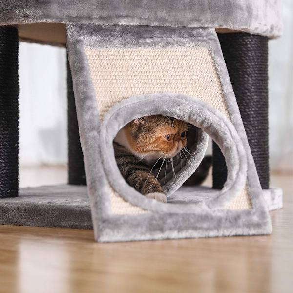 Rootz Cat Trees House - Dobbeltgulv - Skift retning - kradsestolpe - tykke stammer - Udsigtsplatform - Pladsbesparende kat - Carb certificeret spånpla