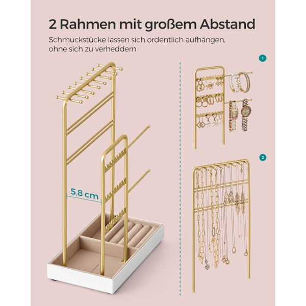 Rootz smyckesställ - Örhängehållare - Halsbandsorganisator - Metallram - Sammetsfoder - 11,5 cm x 19,6 cm x 30,8 cm