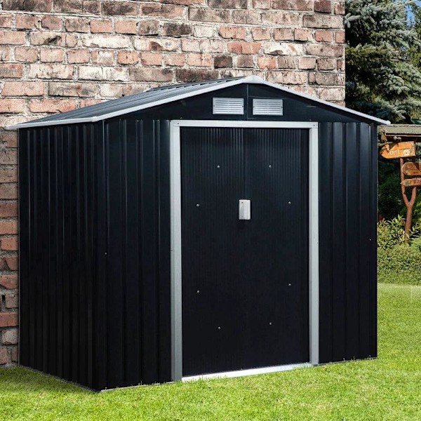 Rootz Trädgårdsbod - Redskapsskjul - Förvaringsskjul i metall med skjutdörrar - Utomhusförrådsbod med fundamentventilation - Kolgrå - 2,13 x 1,30 x 1,