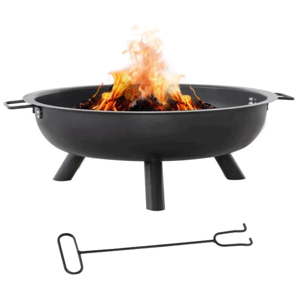 Rootz Fire Bowl - Fire Pit med Poker Runde - Fire Pit til Have Camping BBQ - Stål - Sort - 79 x 69 x 25,5 cm