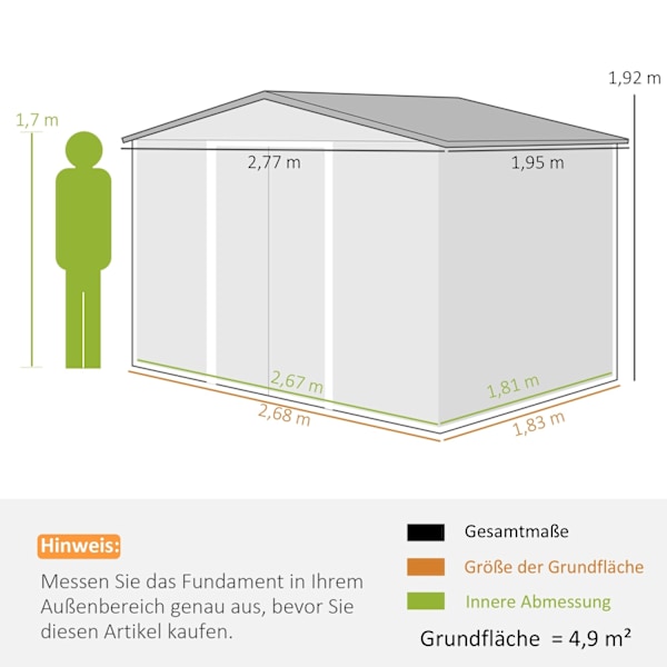 Rootz Tool Shed - Bike Shed - Haveopbevaring - Vejrbestandigt metal - 2,7 m x 1,9 m x 1,9 m - Robust galvaniseret stålkonstruktion