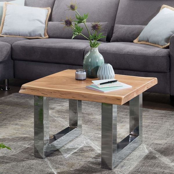 Rootz sofabord 58 x 40 x 60 cm Acacia massivt træ metalstel Brun - Træstamme Stuebord massivt træ lille - Trækant sofabord Landhus træbord - Bord Dagl