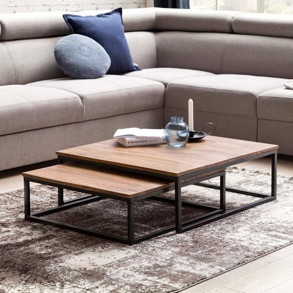 Rootz 2-teilig massivt træ 75 x 75 x 27 cm - Design stuebord Sheesham træ - Stue Loungebord Palisander massiv med metalben